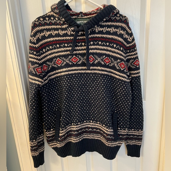 American Eagle Men's Navy Birdseye Fairisle Hoodie Sweater Size Lg - Picture 9 of 10
